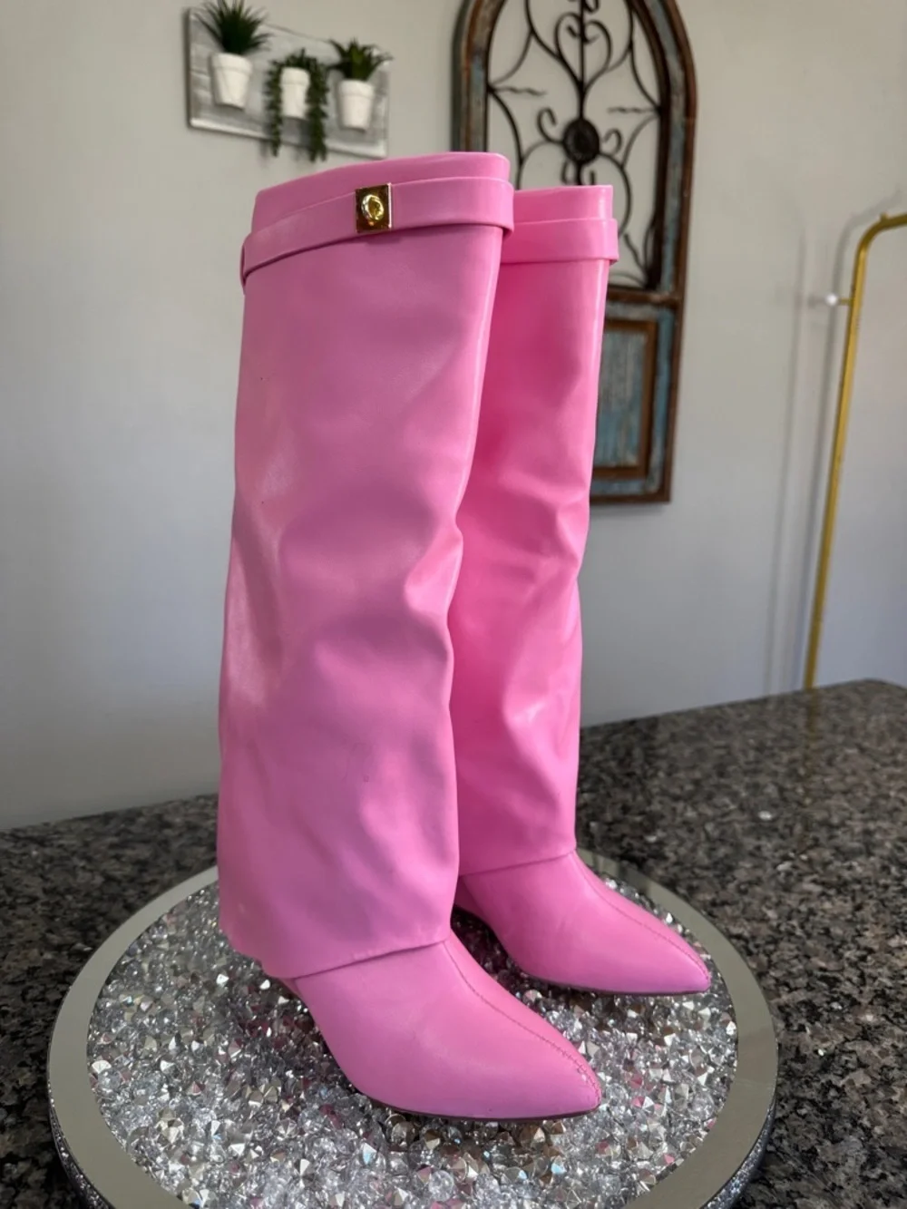Pink Women's Knee-High skirted wedge Fashion Boots